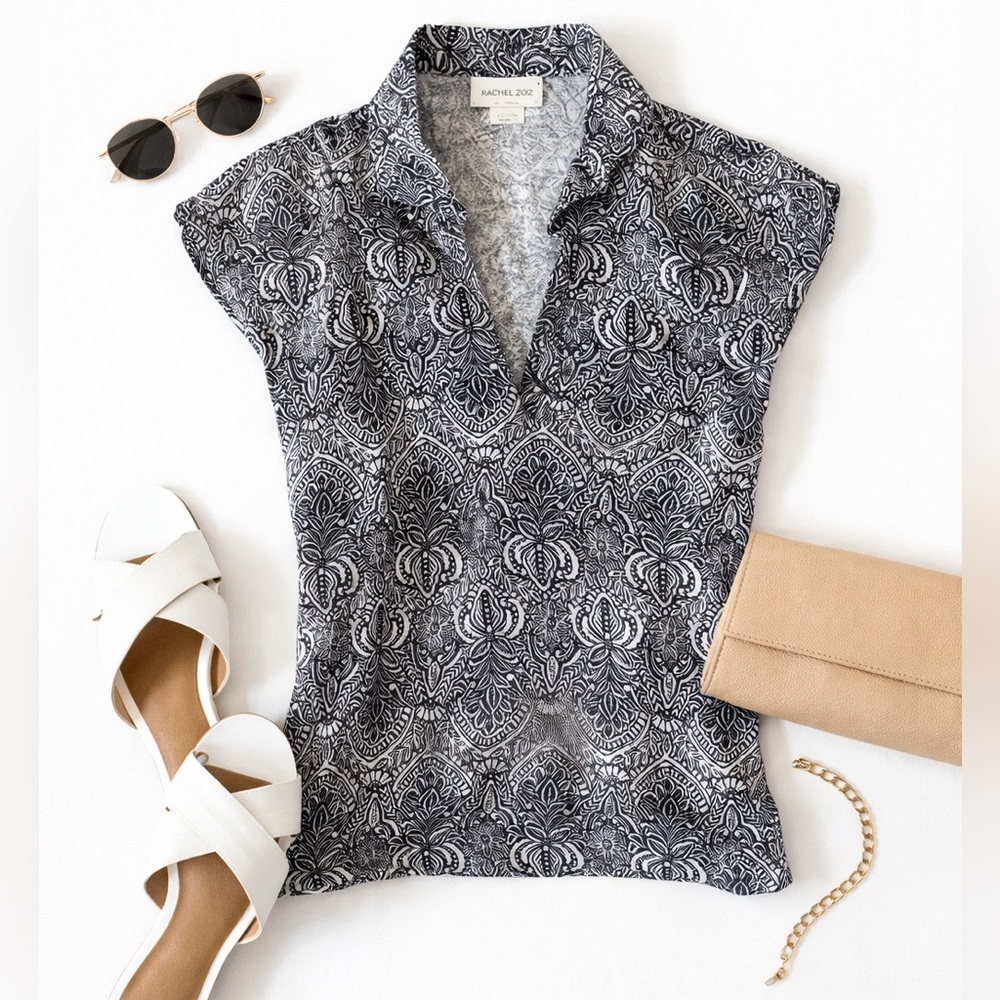 Rachel Zoe Black & White Patterned Cap-Sleeve Blouse